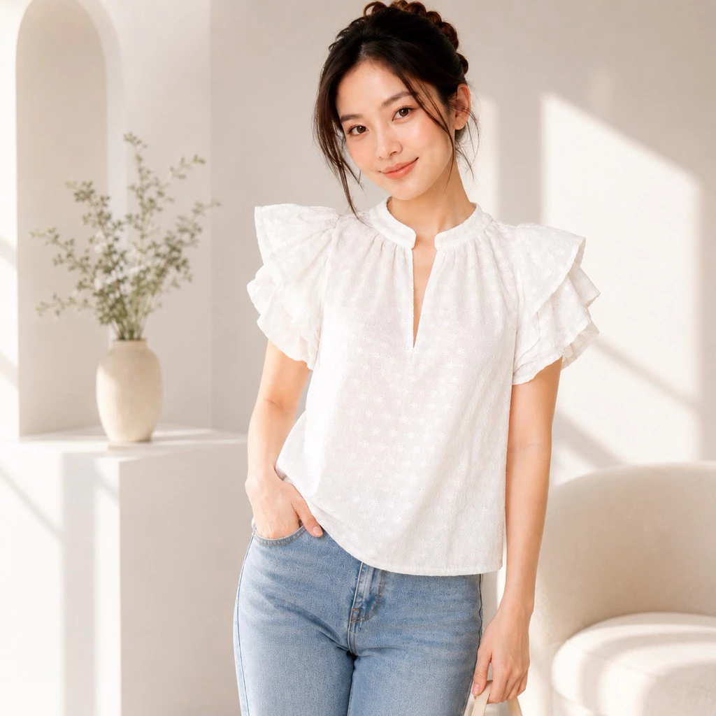 เสื้อชีฟอง แขนระบาย คอจีน ผ้าพริ้วใส่สบาย สไตล์มินิมอละ