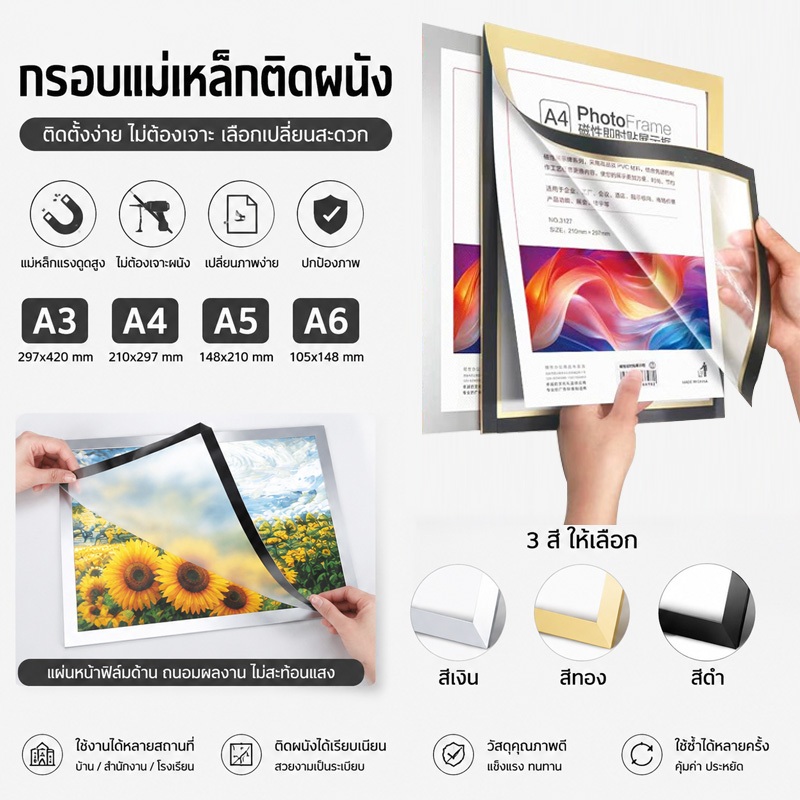 กรอบป้ายแม่เหล็กติดผนัง เหมาะสำหรับป้ายประกาศ รูปภาพ ภาพวาด และใบรับรอง ไม่ต้องเจาะรู มีกาวในตัว มีให้เลือก 4 ขนาด คือ A