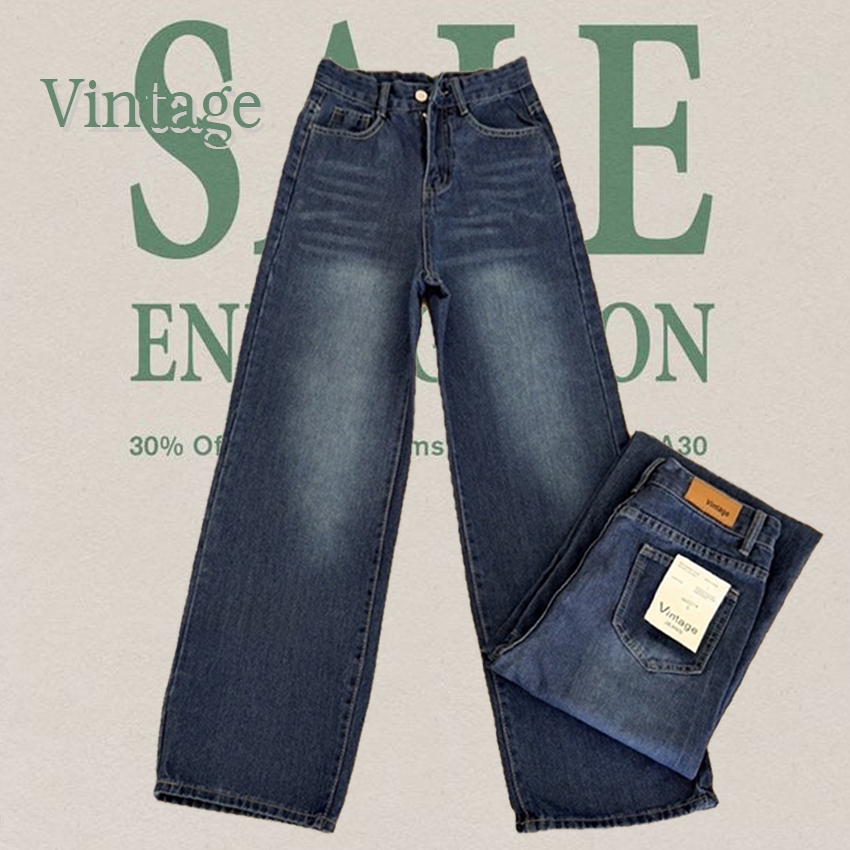 Vintage รุ่น #H0021 กางเกงยีนส์ สีฟ้าเข้ม ทรงกระบอก แต่งเฟดขา ทรงสวยผ้าไม่ยืด
