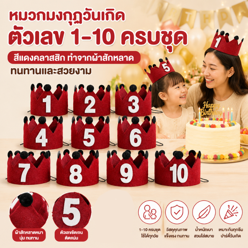 หมวกมงกุฎวันเกิดสีแดง ขนาด9*10cm สไตล์เกาหลีINS มีตัวอักษร Happy Birthday เป็นพร๊อบถ่ายรูปปาร์ตี้เด็ก