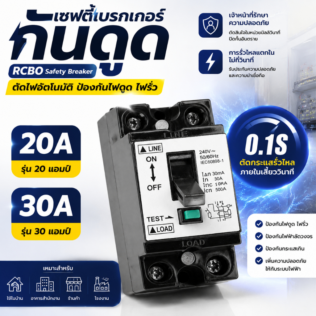 เบรกเกอร์กันดูด RCBO Safety Breaker 20A 32A ตัดไฟอัตโนมัติ ป้องกันไฟดูด ไฟรั่ว