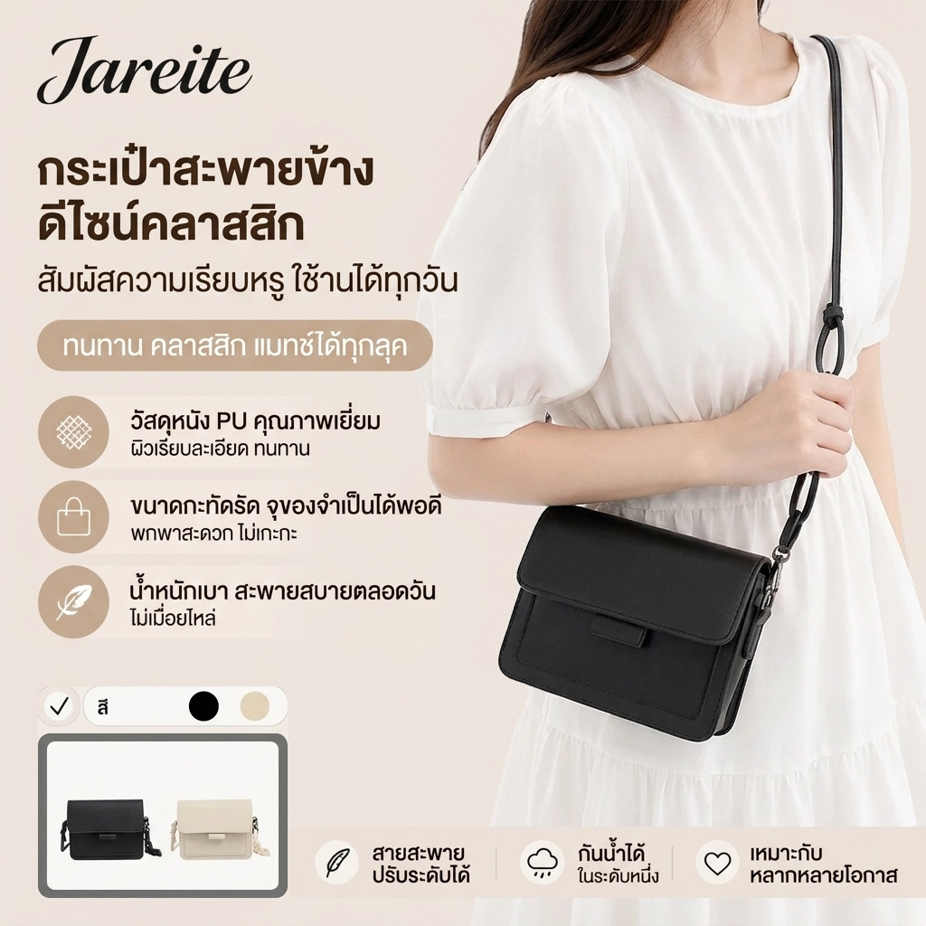สุดฮิต✨กระเป๋าสะพายข้างผู้หญิง ใส่ของได้เยอะ สไตล์เกาหลี สีครีม ใช้ไปเรียนทำงานได้ คล้องคอได้ พร้อมส่ง COD