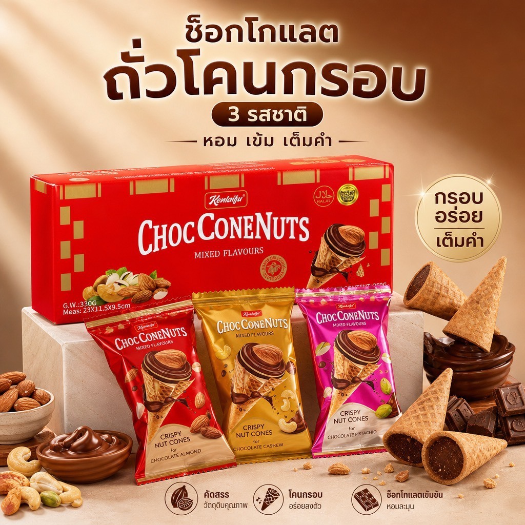 โคนช็อกโกแลตกรอบ ไส้แน่น 3 รส 250g บรรจุแยก อร่อยกรุบ เคี้ยวเพลิน เหมาะกับเด็กและออฟฟิศ