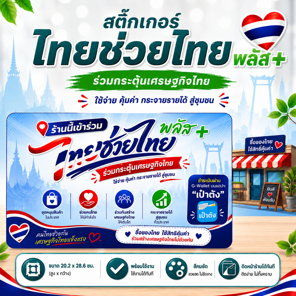 สติ๊กเกอร์เป๋าตัง ป้ายไทยช่วยไทย พลัส+  ป้ายโปรโมทร้านค้า เป๋าตัง สติ๊กเกอร์ ติดร้าน  มี 2 ขนาด : A5 กับ 20.2 x 28.6