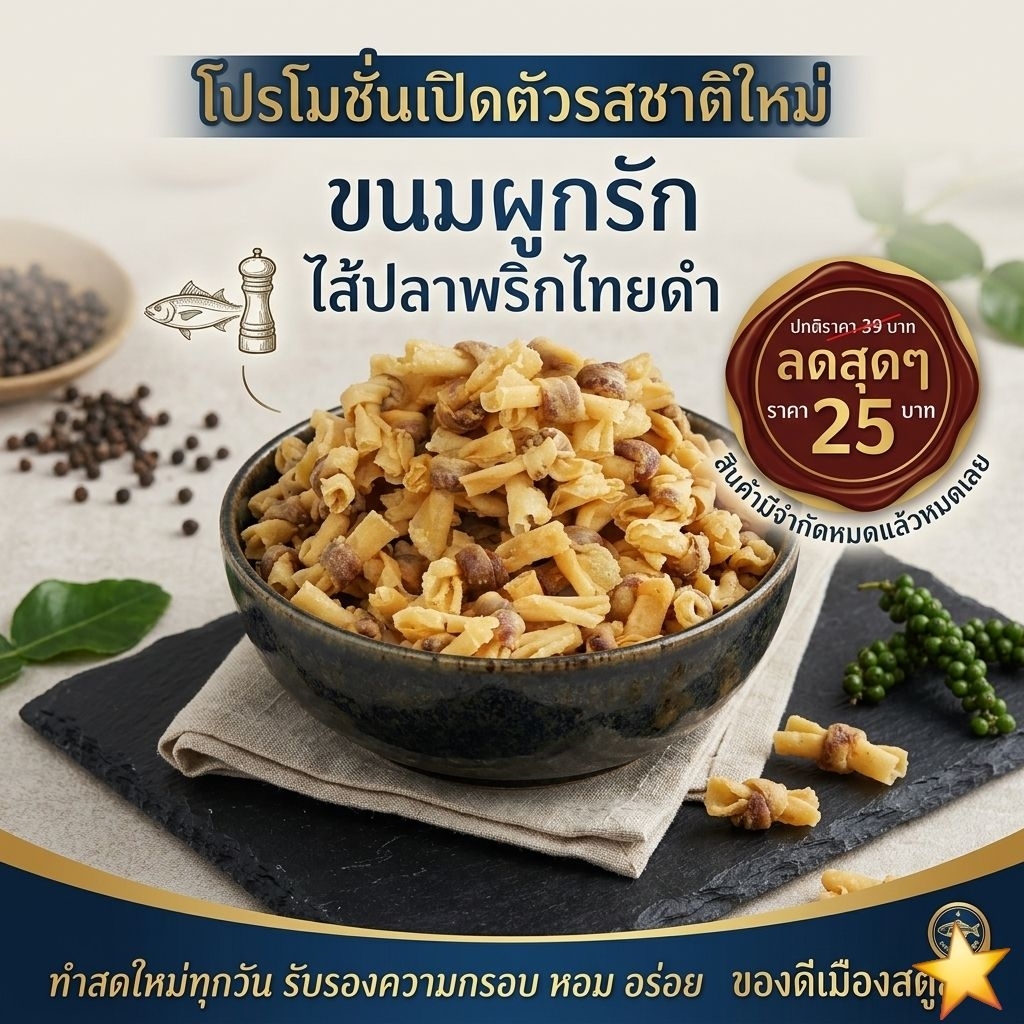ขนมผูกรัก เจ้าแรก! ขนมผูกรักไส้ปลาพริกไทยดำ ขนมผูกรัก ของฝากสตูล ขนมพื้นเมือง แป้งบางกรอบอร่อย ขนาด 80 กรัม( ฮาลาล)