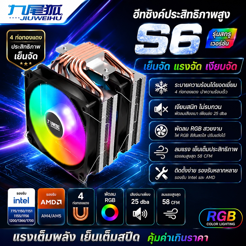 JIUWEIHU S6 ฮีตซิงก์ CPU RGB 4 ท่อทองแดง รองรับ Intel/AMD ระบายความร้อนแรง เงียบ ติดตั้งง่าย