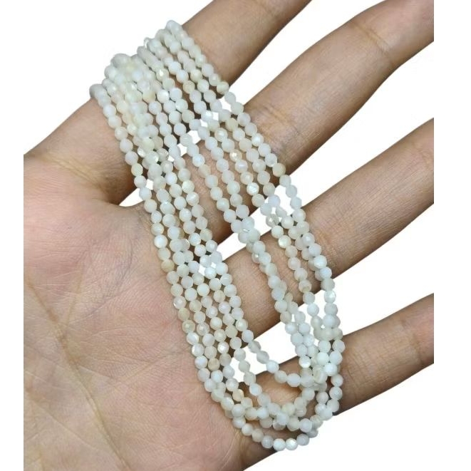 เปลือกหอยไข่มุก สีขาว White Shell Pearl แท้ธรรมชาติ 1 เส้น เจียระไน ทรงกลม อะไหล่ร้อยเครื่องประดับ Natural Faceted Beads