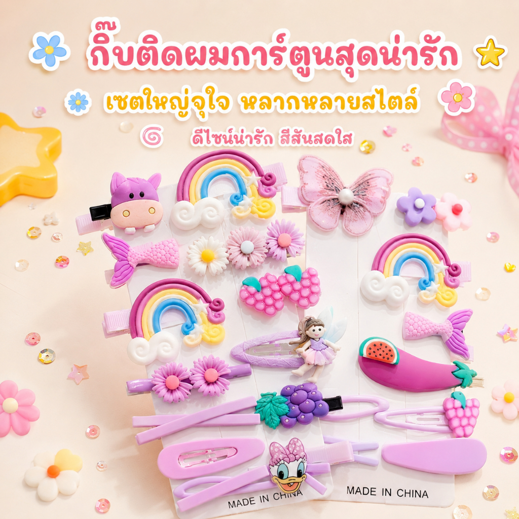 กิ๊บติดผมเด็กผู้หญิง 14ชิ้น เซ็ตคลิปผมน่ารัก ลายการ์ตูนสีรุ้ง ดอกไม้ ผลไม้ ลูกอม ติดแน่น ไม่กินผม ของขวัญ ปาร์ตี้