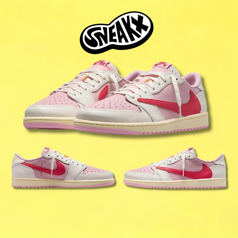 Travis Scott x Air Jordan 1 Low OG Shy Pink รองเท้าวิ่ง (รับประกันแท้ 100%) มีจำนวนจำกัด