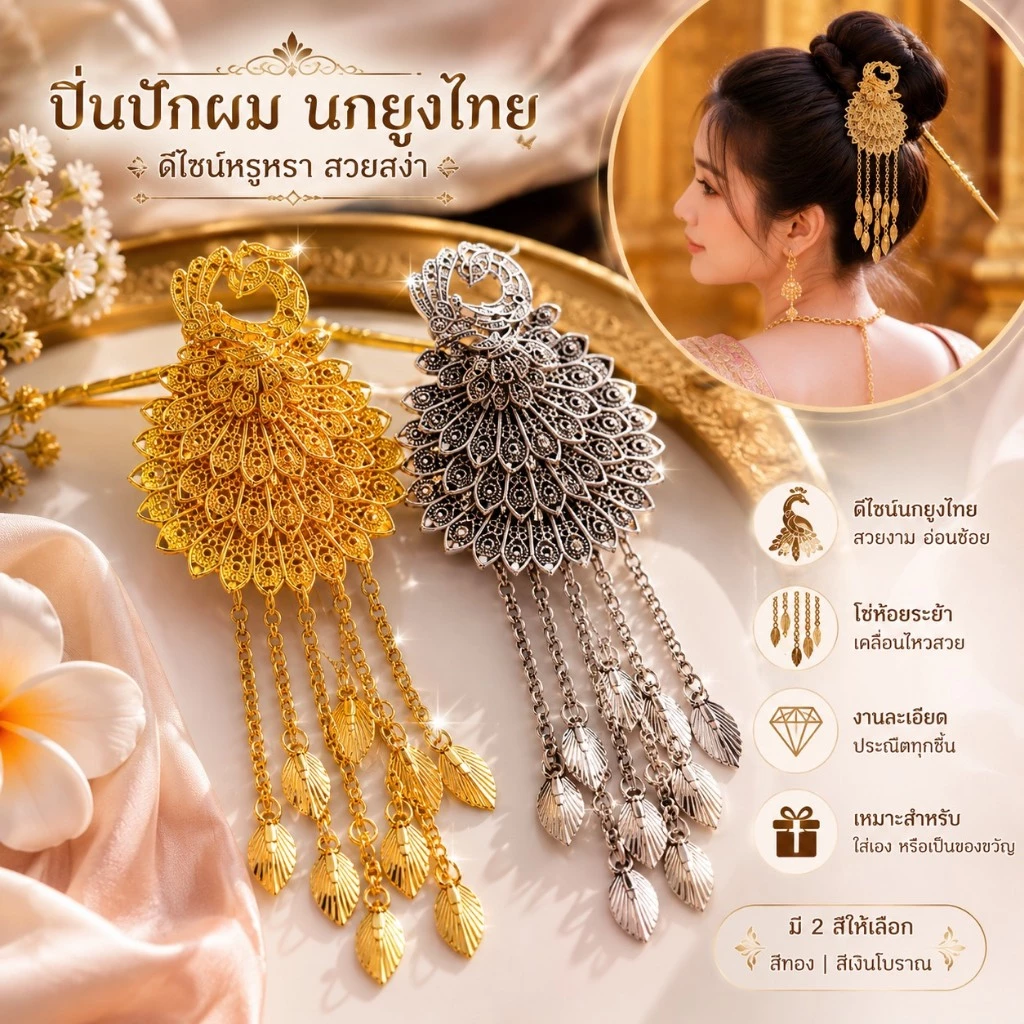 ปิ่นนกยูงพู่ระย้า สีทอง–สีเงินรมดำ เครื่องประดับผมไทยสุดสง่าสื่อถึงความงดงามและความสูงศักดิ์