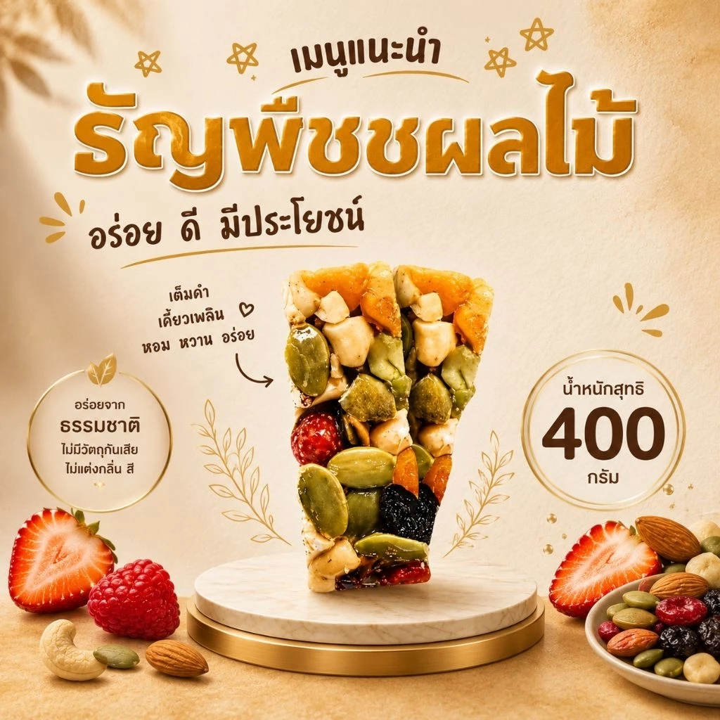 (400กรัม)ธัญพืชผลไม้ อัดแท่ง !! หอม กรอบ หวาน เปรี้ยว ไม่เลี่ยน ไม่หืน รสชาติไม่เหมือนใครอร่อยลงตัว