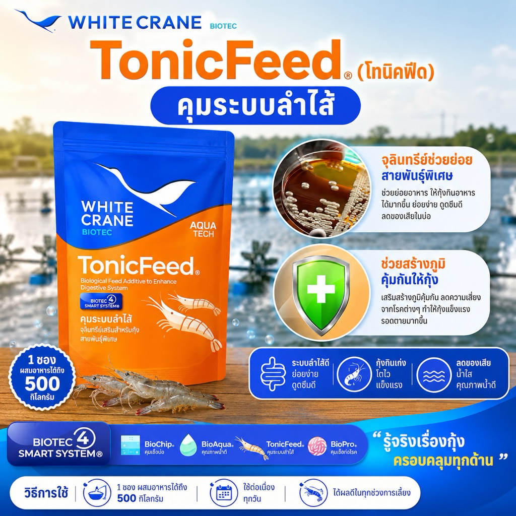 โทนิคฟีด Tonicfeed จุลินทรีย์เม็ดแบบหมัก ผสมอาหารกุ้งช่วยควบคุมเชื้อในระบบทางเดินอาหาร กุ้งกินอาหารเก่ง