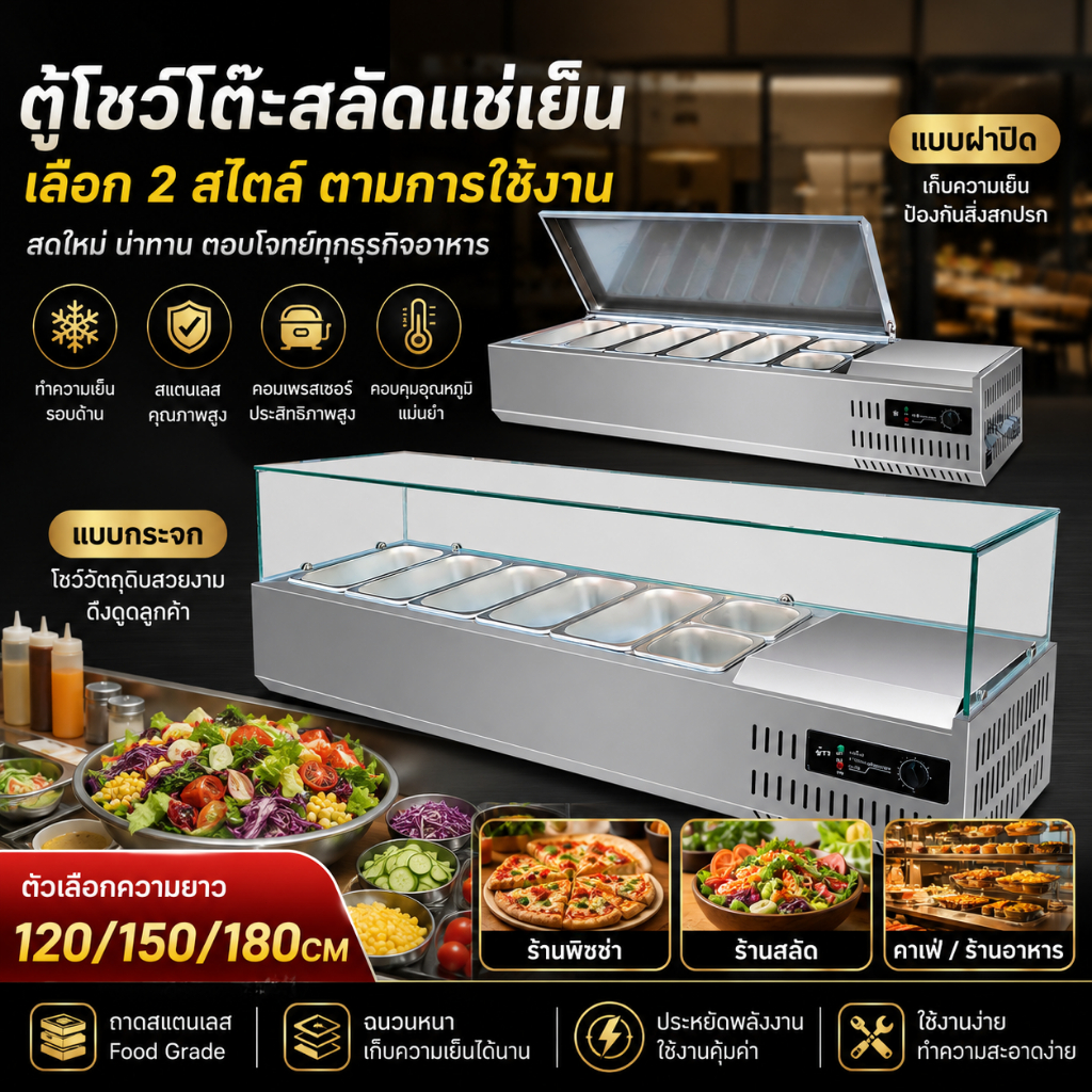 ตู้สลัดบาร์เชิงพาณิชย์ ตู้แช่สลัด ตู้เตรียมหน้าพิซซ่า ตู้แช่วัตถุดิบสแตนเลส พร้อมถาดสแตนเลส ระบบทำความเย็นรอบด้าน