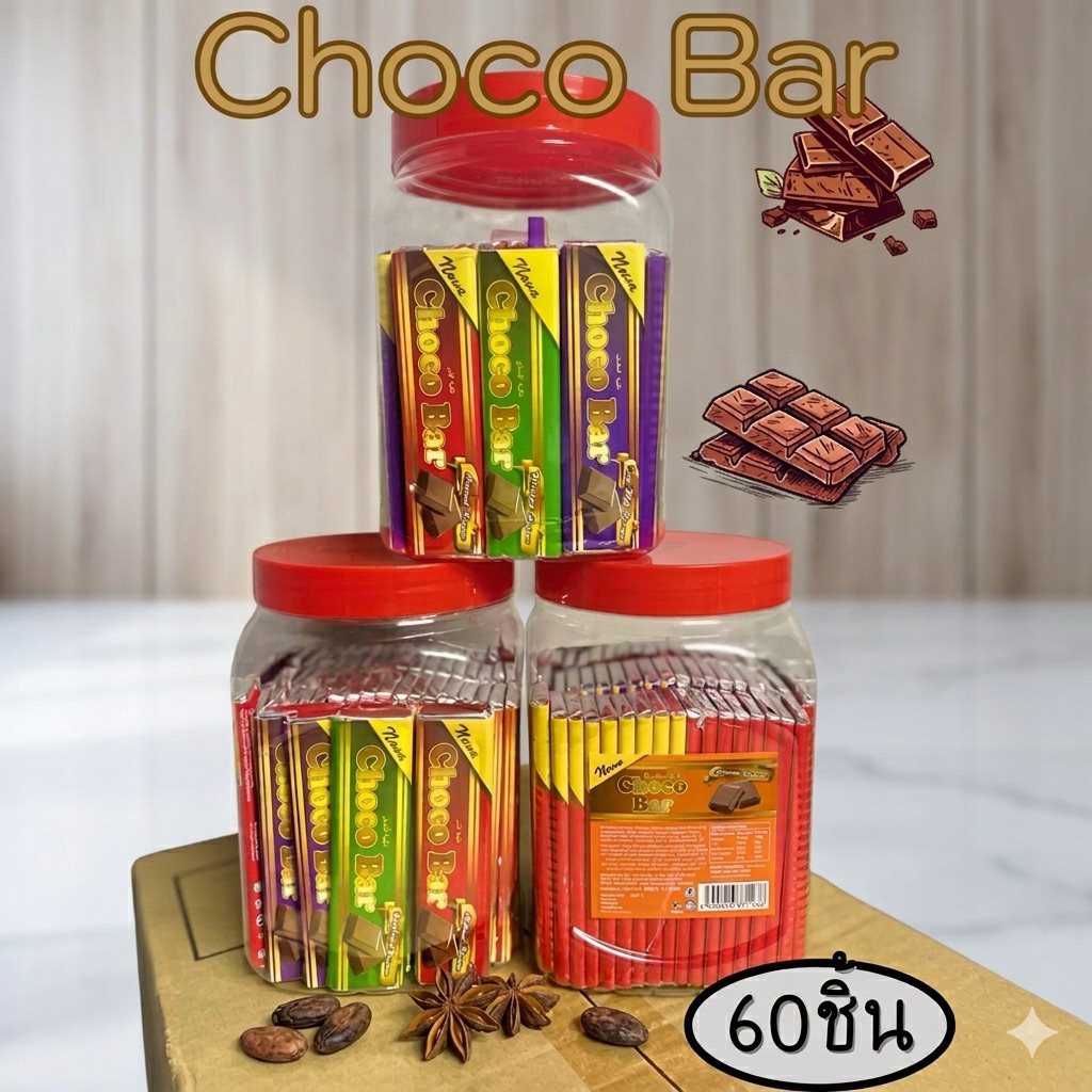 ช็อกโกแลต ช็อกโกบาร์(Choco Bar) 1 ขวด บรรจุ 60 ชิ้น