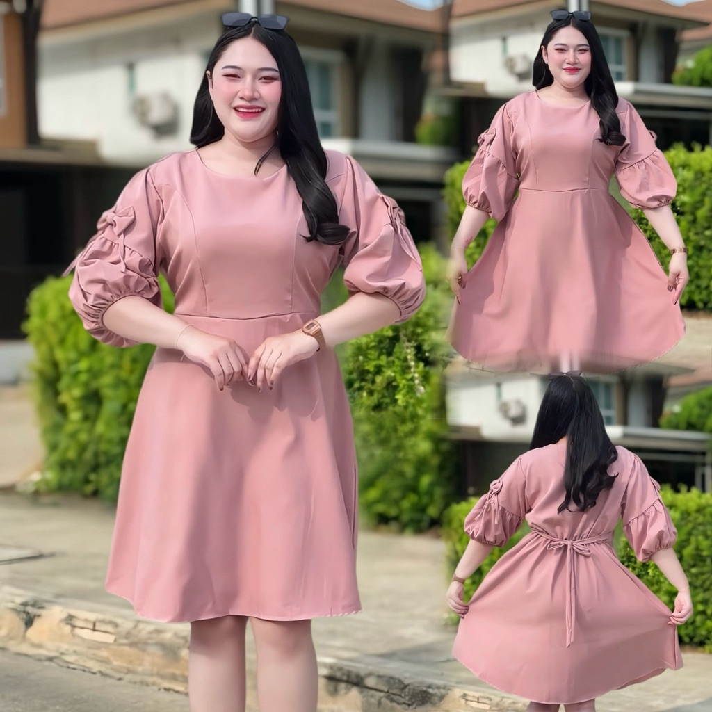 S224เดรสคอกลมแขนทรงกล้ามปู มีโบว์ผูกเอวด้านหลัง มียางสม็อก 3ไซส์ L XL 2XL รอบอก40-60 ผ้าบาร์บี้ สาวอวบใส่เที่ยว/ออกงาน