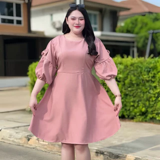 S224เดรสคอกลมแขนทรงกล้ามปู มีโบว์ผูกเอวด้านหลัง มียางสม็อก 3ไซส์ L XL 2XL รอบอก40-60 ผ้าบาร์บี้ สาวอวบใส่เที่ยว/ออกงาน