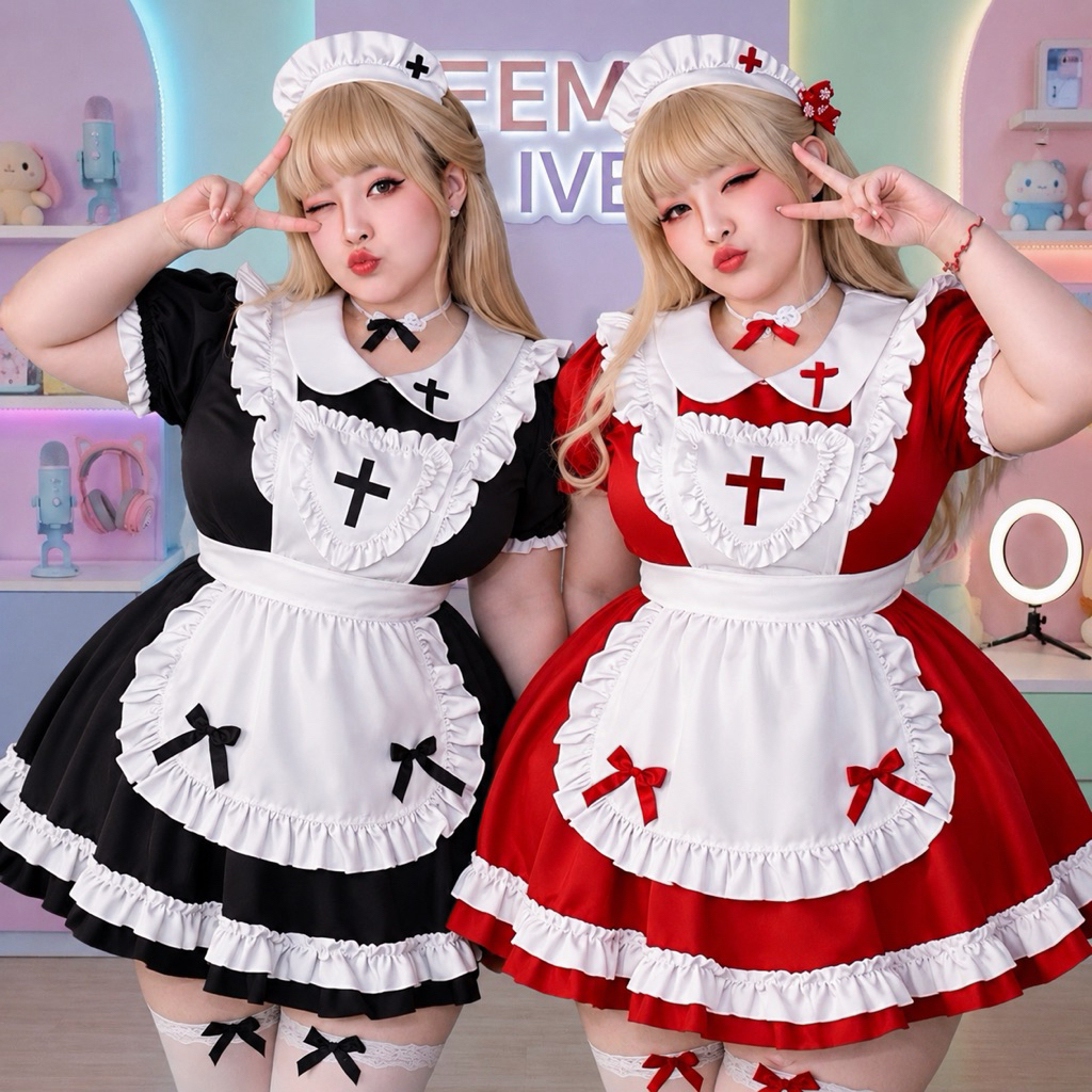 PEEMAI LIVE ชุดคอสเพลย์สาวอวบ(ไซต์ XL-5XL นน.40-100 kg) ชุุดแม่บ้าน แขนตุ๊กตา P-1242