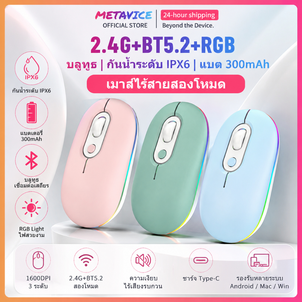 Metavice RGB เมาส์ไร้สาย เงียบ ชาร์จได้ Bluetooth 5.0 + 2.4G - ใช้กับคอมพิวเตอร์ แท็บเล็ต - เมาส์ออฟฟิศ เมาส์เกมมิ่ง