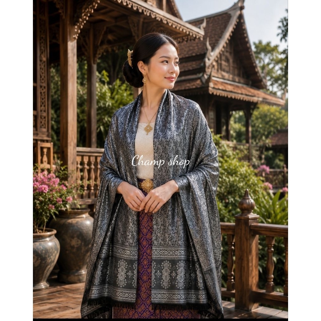 ผ้าพันคอ ผ้าคลุมไหล่ ผ้าแพรไหม เนื้อผ้าทิ้งตัวลื่นๆ ลายไทยหยดน้ำ ของฝากผู้ใหญ่