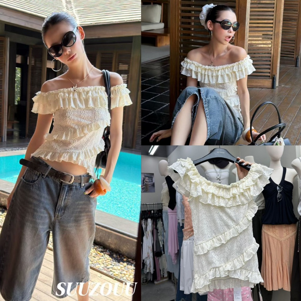 🧵🧡 🇰🇷 SU312 เสื้อปาดไหล่ งานสวย ผ้ามีลายเทกเจอร์ งานสวยเก๋แมทซ์ง่าย แฟชั่นเกาหลี TAG MM Fish ✈
