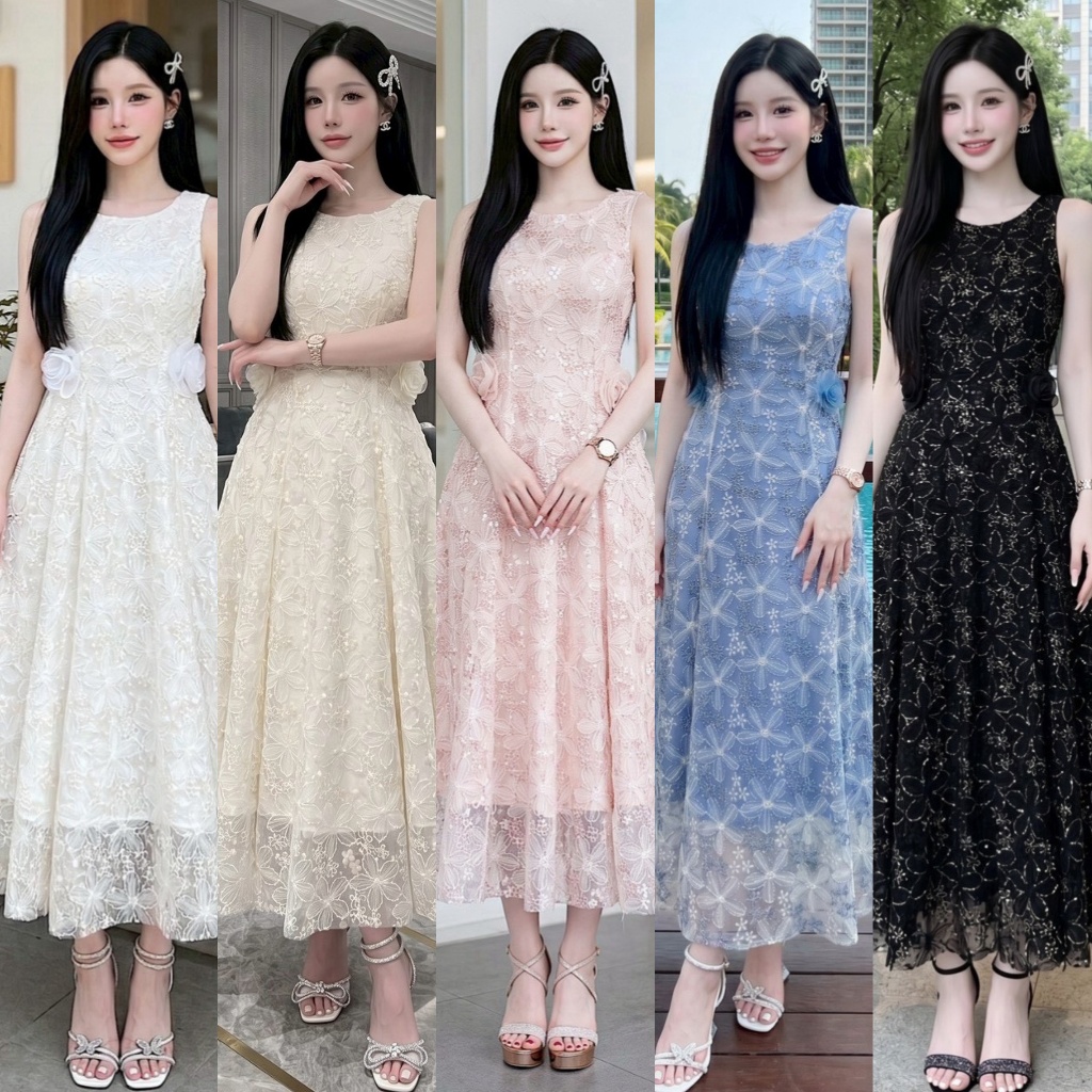 🚩ร้านโค้ดคุ้ม🚩 MILA เดรสปักลายดอกไม้ เนื้อผ้าลูกไม้แต่งดอกไม้ที่เอว ใส่ออกงาน ออกเดท งานแต่ง งานบวช แฟนนาค
