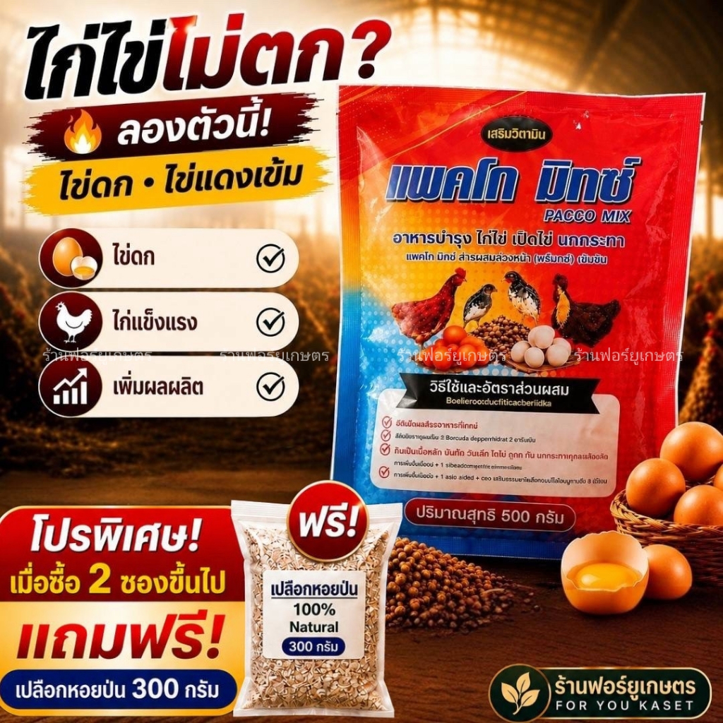 วิตามินไก่ไข่ 500 กรัม แพคโกมิกซ์ ของแท้  วิตามินรวม ไก่ไข่ เป็ดไข่ ไข่ดก ซื้อ 2 ซอง+แถมเปลือกหอยป่น
