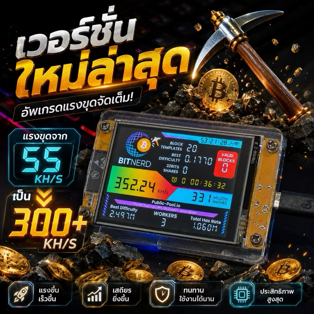 [Pre-Order 9 วัน] ESP32 ขุดบิทคอยน์ NerdMiner มีจอ เปลี่ยนธีมได้ ขุด Solo Lottery Block 3.125 BTC