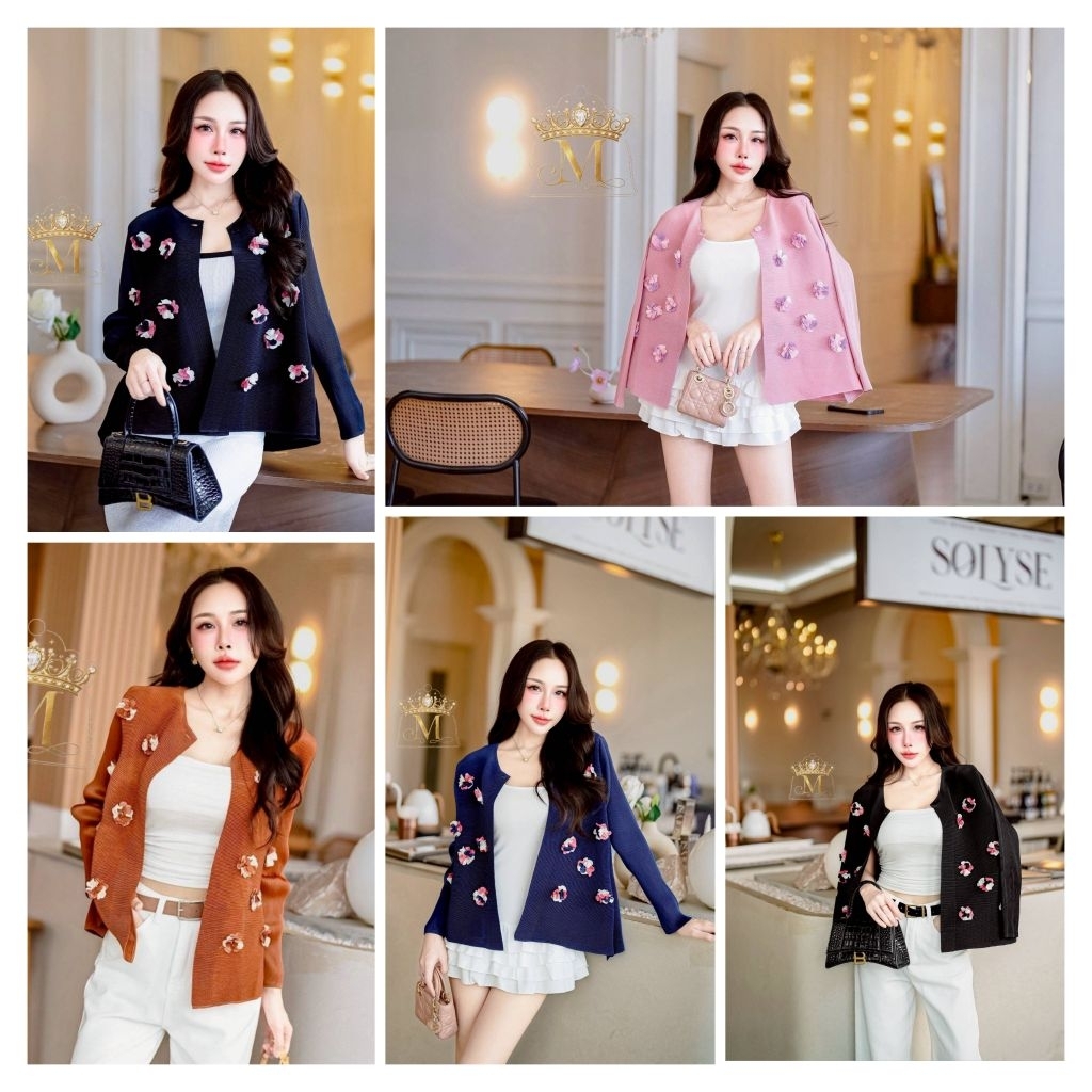 เสื้อคลุมผู้หญิง30+ อัดพลีท แต่งดอกสามดี ใส่ทำงาน ใส่เที่ยว ผ้ายืด ใส่สบาย