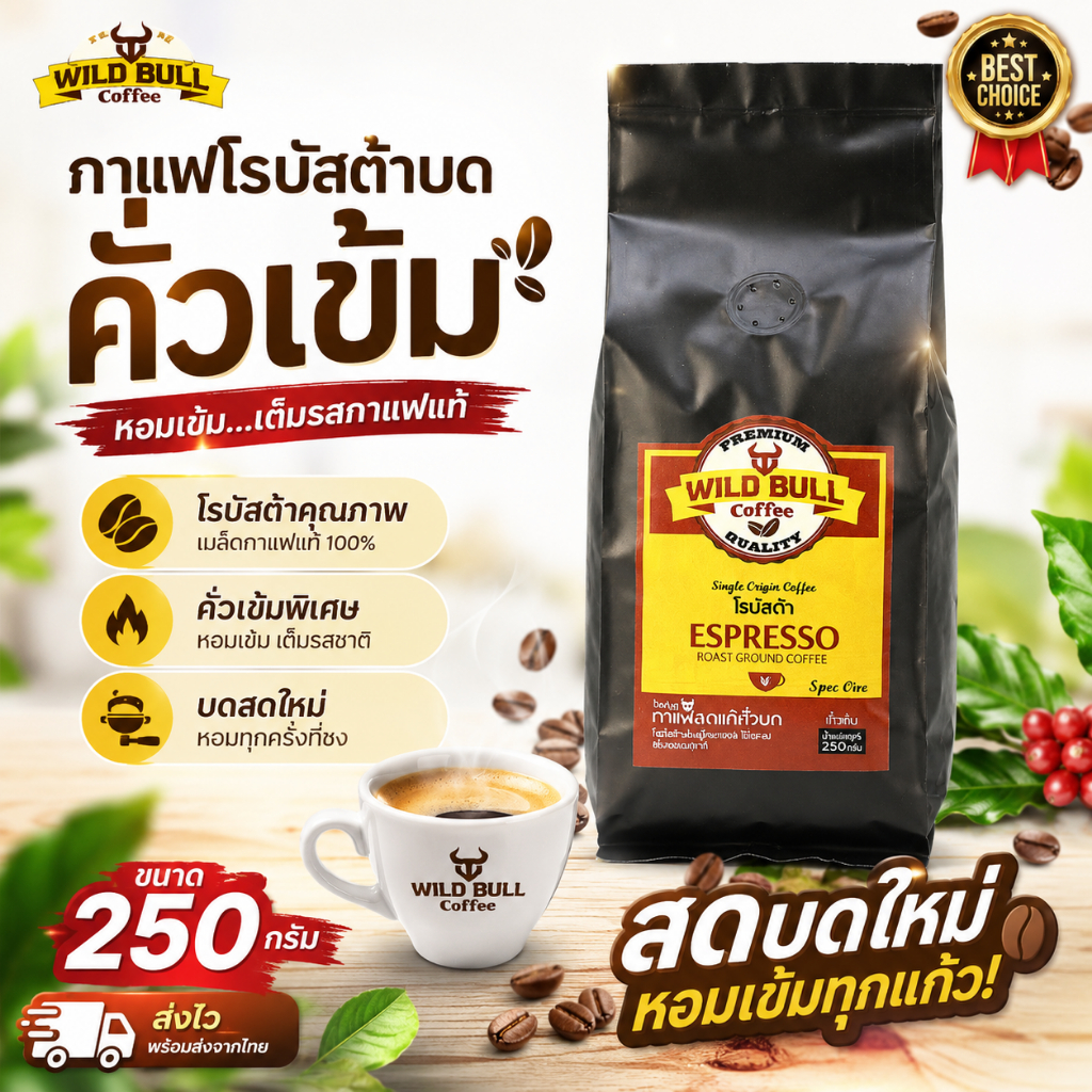 กาแฟโรบัสต้าบด คั่วเข้ม 250 กรัม กาแฟสดบดใหม่ หอมเข้ม Espresso Robusta Coffee