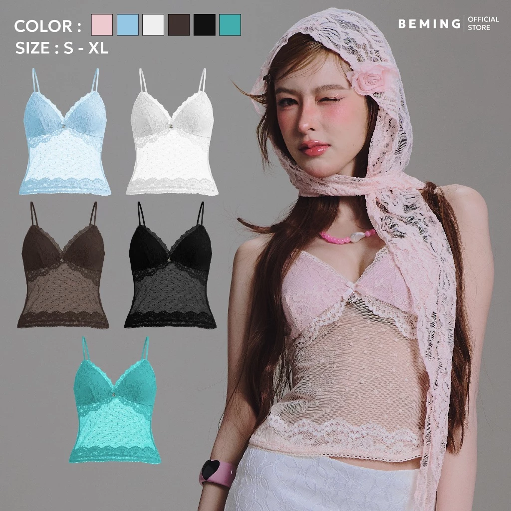Bemingtop1169(S-3XL) -BMG Mira Top -สายเดี่ยวลูกไม้ฟีลหวานละมุน ดีไซน์ผสมผ้าลูกไม้ช่วงอกกับผ้าตาข่าย