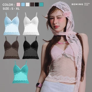 Bemingtop1169(S-3XL) -BMG Mira Top -สายเดี่ยวลูกไม้ฟีลหวานละมุน ดีไซน์ผสมผ้าลูกไม้ช่วงอกกับผ้าตาข่าย