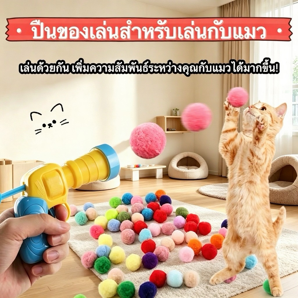 🐱ปืนยิงลูกบอลขนสัตว์ สำหรับแมว ของเล่นแมว ยิงลูกปุยเงียบ ไม่รบกวนเพื่อนบ้าน เล่นได้ยาวนาน ปลอดภัยสำหรับแมวทุกวัย COD