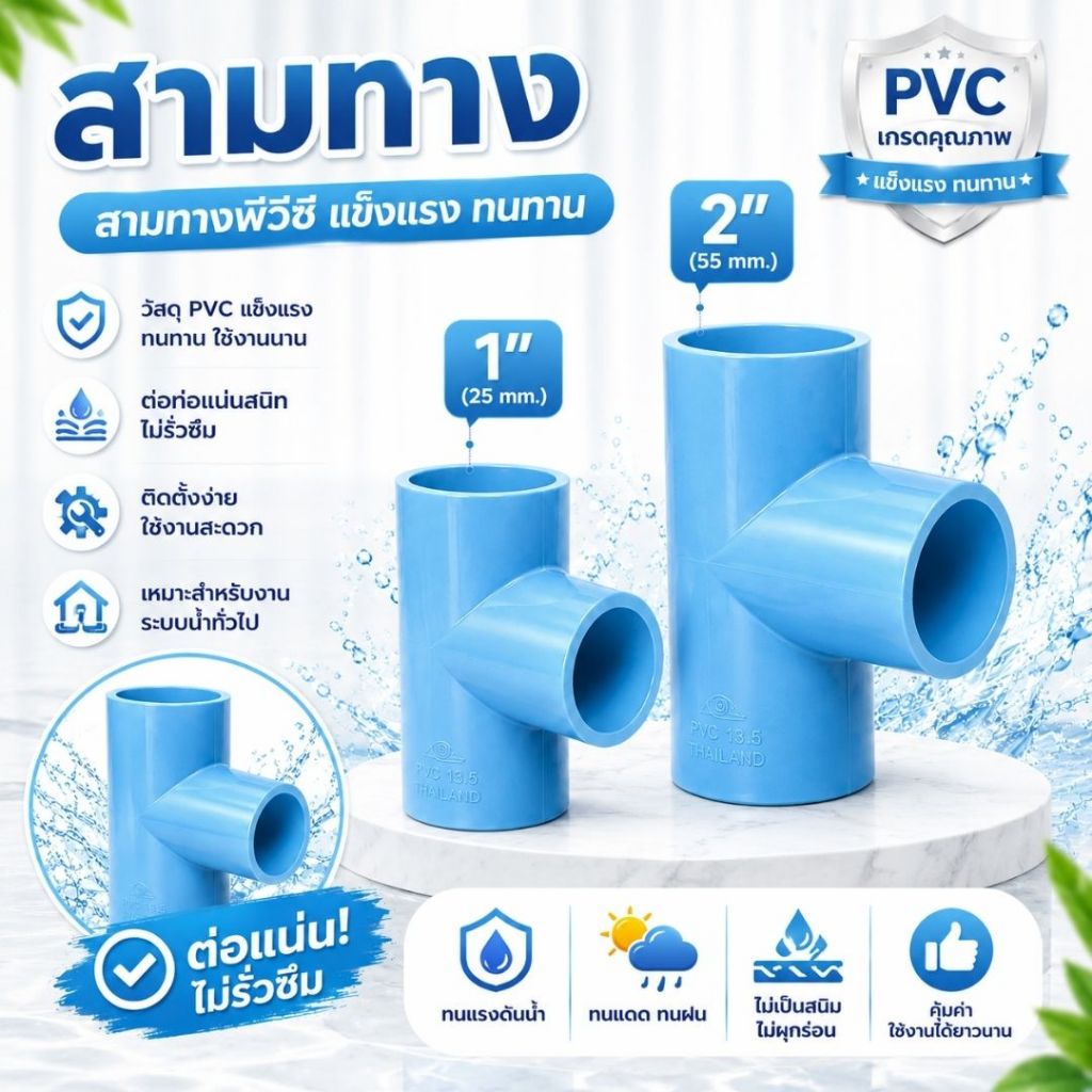 ข้อต่อสามทาง PVC ขนาด 1" (1นิ้ว) (แพค 25/50 ตัว), 2" (2 นิ้ว) (แพค 10/20 ตัว) สีฟ้า สำหรับงานประปา สามทางตัวที ทนทาน