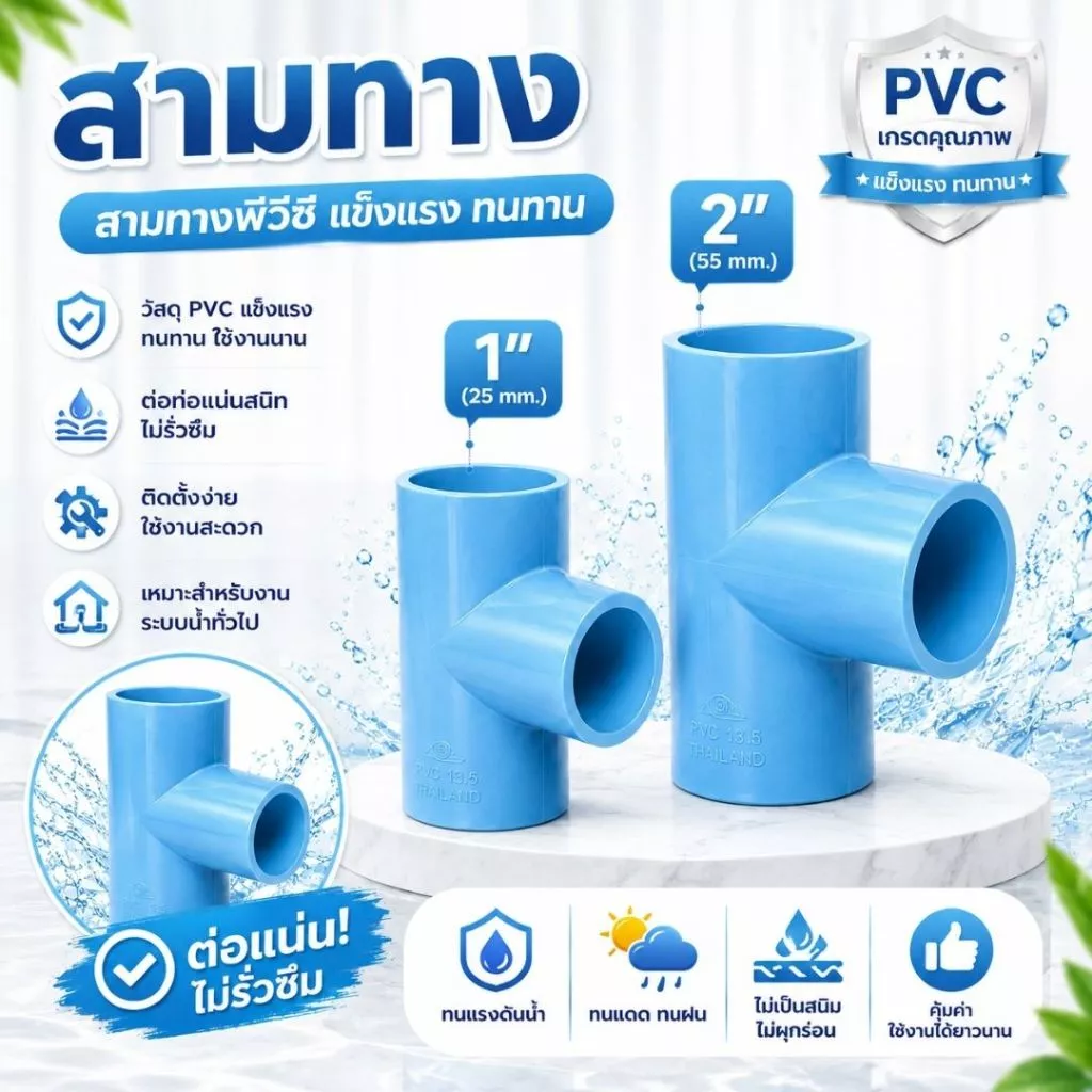 ข้อต่อสามทาง PVC ขนาด 1" (1นิ้ว) (แพค 25/50 ตัว), 2" (2 นิ้ว) (แพค 10/20 ตัว) สีฟ้า สำหรับงานประปา สามทางตัวที ทนทาน