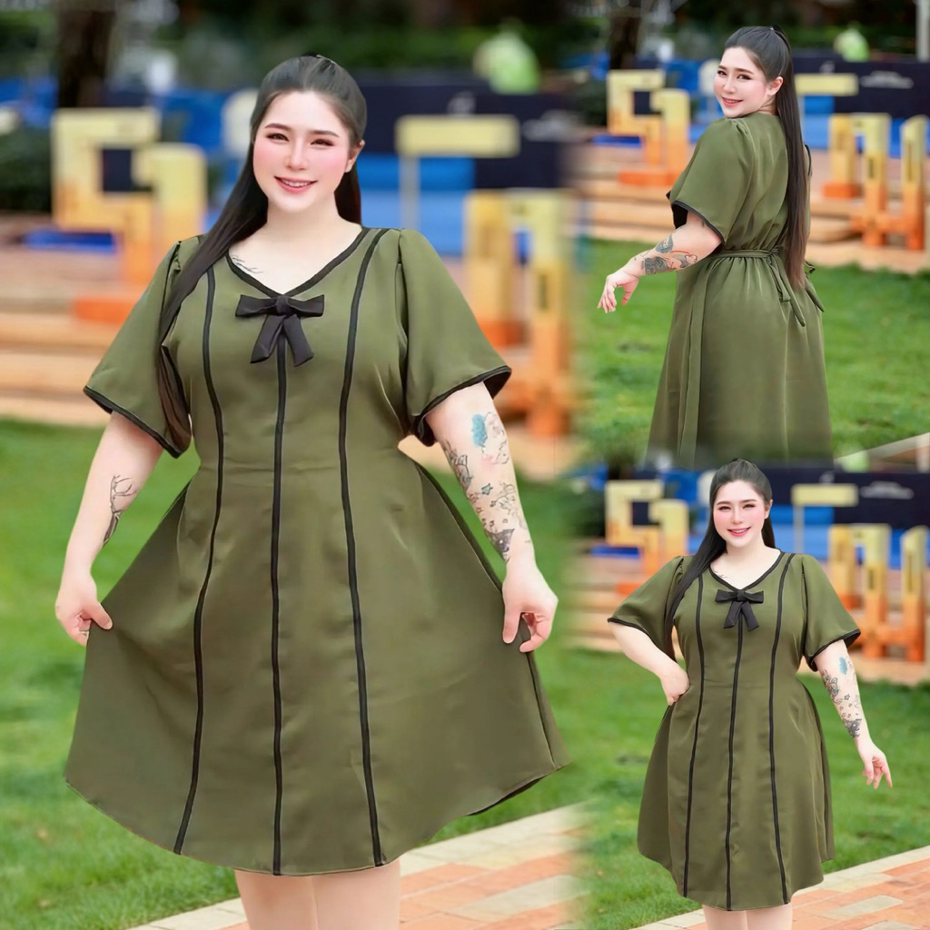 S192เดรสคอวีแต่งเทปสี มีโบว์ผูกเอวด้านหลัง&ยางสม็อก 3ไซส์ L XL 2XL รอบอก40-60นิ้ว ผ้าบาร์บี้