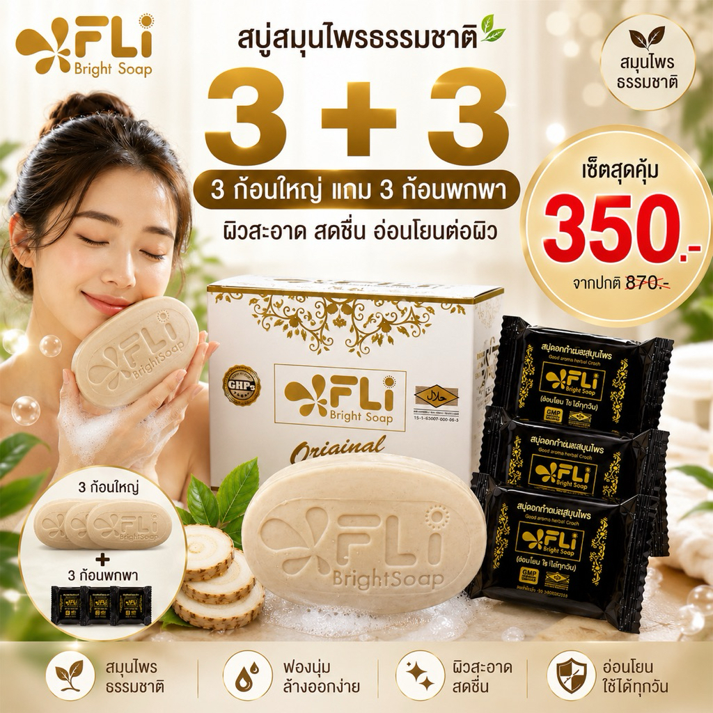 FLi Bright Soap สบู่สมุนไพร 3 ก้อนใหญ่ แถม 3 พกพา 350.-
