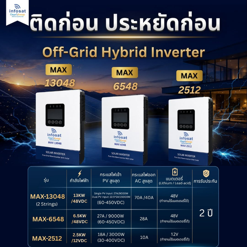 Infosat Off-Grid Hybrid Inverter 6.5kW / 13kW มีให้เลือก 2 รุ่น MAX-6548 / MAX-13048