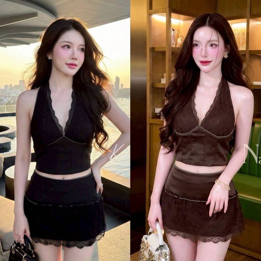 KITTI -T Set (2) ชิ้น เสื้อ+กระโปรง เสื้อสายเดี่ยวทรงเข้ารูป ดีไซน์คอวี กระโปรงสั้นลูกไม้