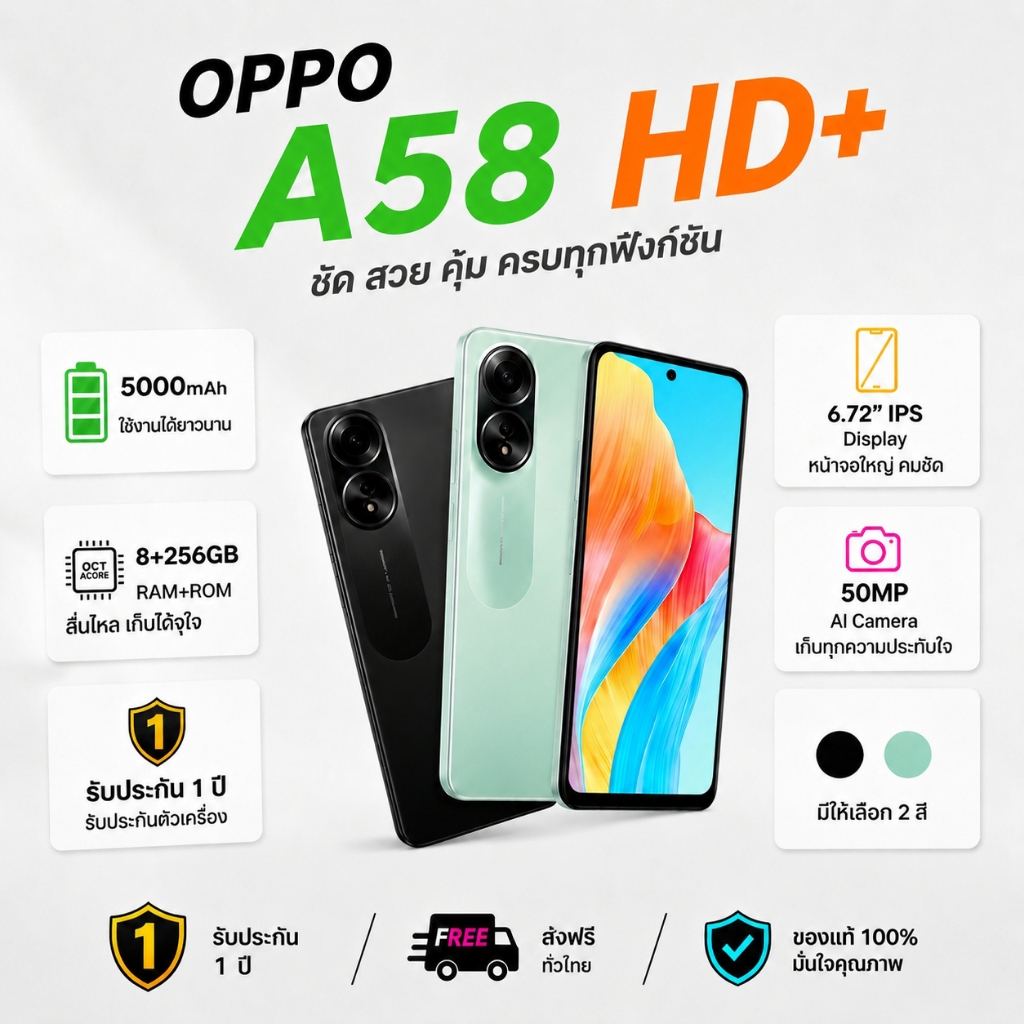 สมาร์ทโฟน OPPO A58 รองรับซิมคู่ RAM 8GB ROM 256GB หน้าจอขนาด 6.7 นิ้ว ความจุเยอะ แถมฟรีเคสโทรศัพท์และฟิล์มกระจกนิรภัย โป
