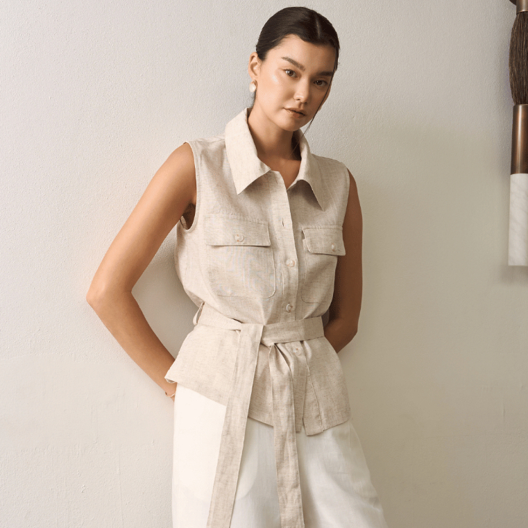 [ NEW IN ] SAC.BKK เสื้อแขนกุด ผ้าลินินแต่งกระเป๋าคู่ พร้อมเชือกผูกเอวเข้าเซ็ท Sleeveless Double Pocket Linen Shirt