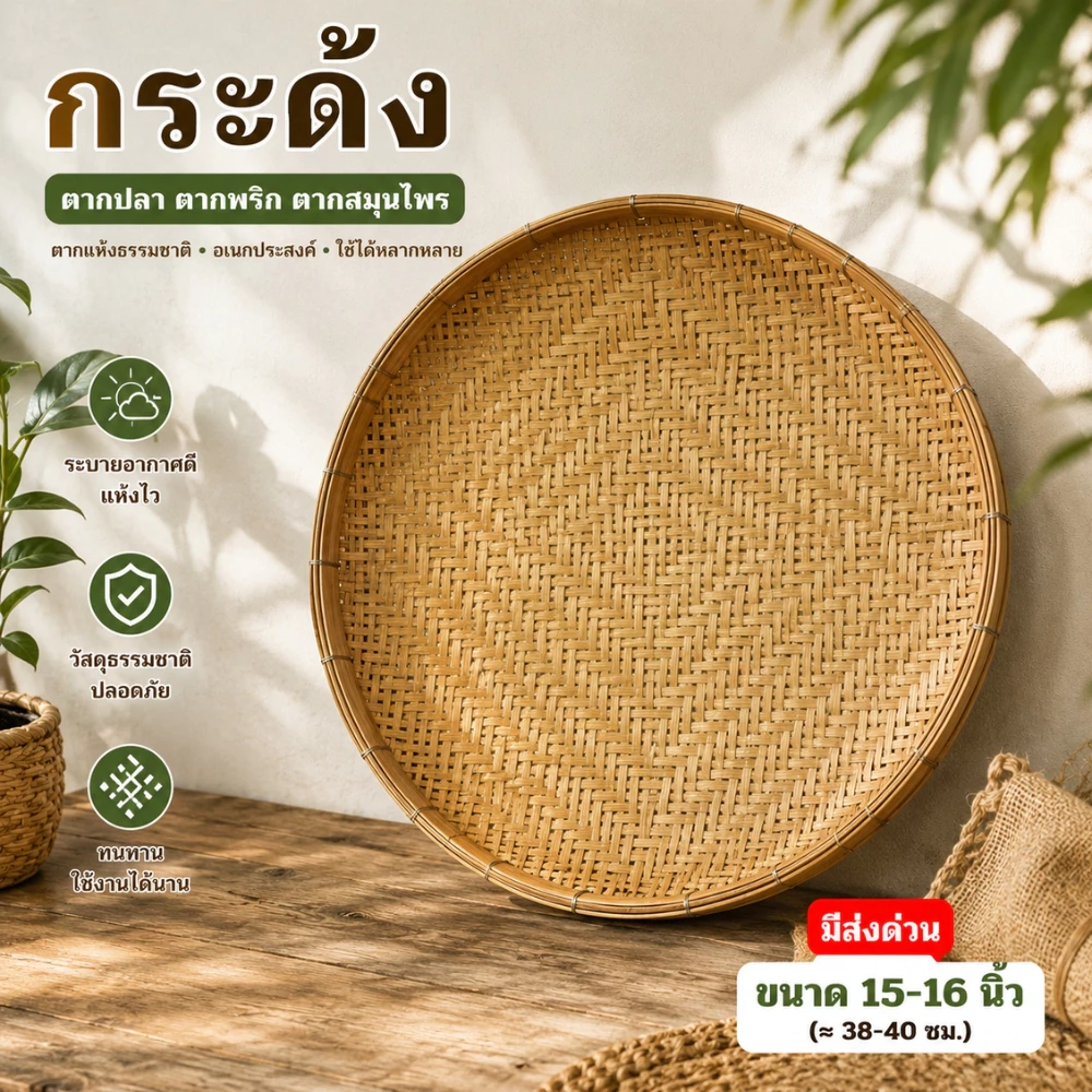 กระด้งฝัดข้าว ขนาด 16 นิ้ว กระด้งตากเนื้อ กระด้งตากอาหาร ด้งถี่ ตะแกรงตากปลา (ตาถี่16นิ้ว)