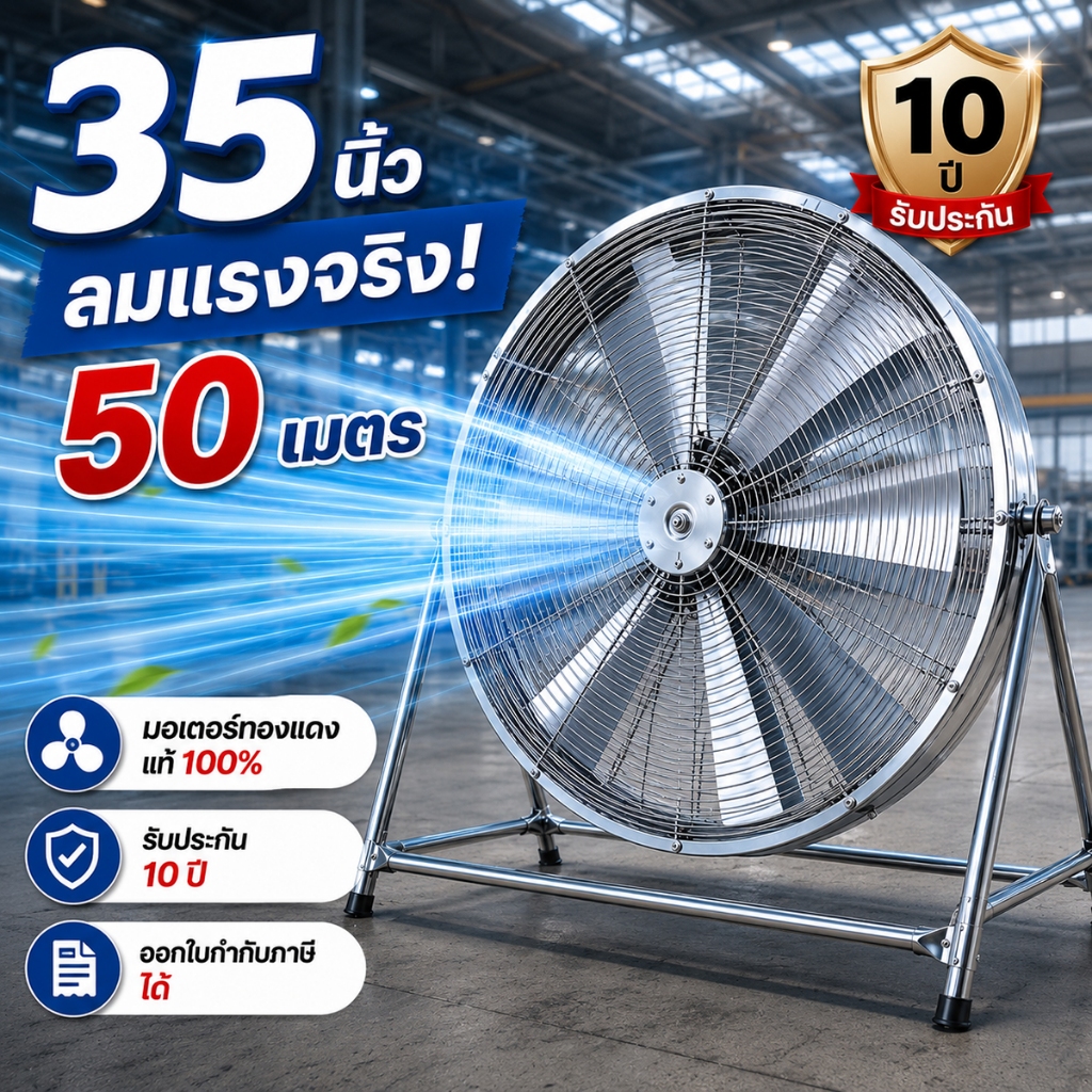 พัดลมอุตสาหกรรม 35 นิ้ว 820W ลมแรงไกล 50 เมตร มอเตอร์ทองแดง รับรองมาตรฐาน TIS สำหรับโรงงาน ร้านอาหาร โกดัง ทนทาน