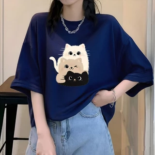 เสื้อครอปแขนสั้นทรงหลวมสไตล์เกาหลี oversize เสื้อผ้าแฟชั่นมาใหม่ เสื้อยืดผู้หญิงโอเวอร์ไซส์เสื้อผ้าสาวอวบ ลายแมวน่ารัก