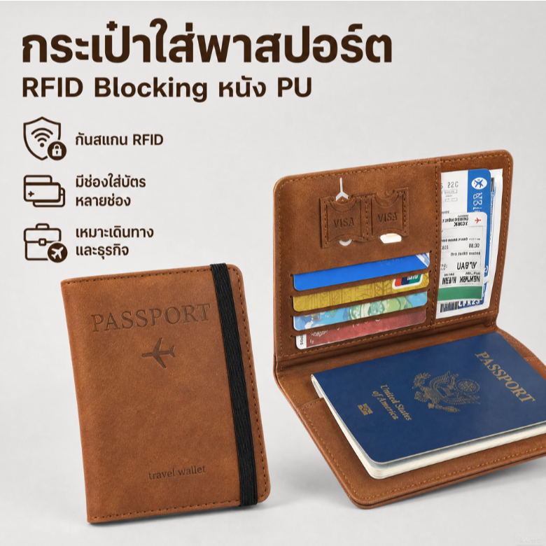 กระเป๋าใส่พาสปอร์ต RFID Blocking หนัง PU ช่องใส่บัตรหลายช่อง สำหรับเดินทางและธุรกิจ