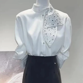 99432ส่งจากไทย เสื้อเชิ้ตผ้าซาตินแขนยาวสไตล์หรูหรามีสายผูก ผู้หญิง มีเนคไทประดับลูกปัด สีพื้น คอปก เหมาะใส่ทำงานประจำวัน