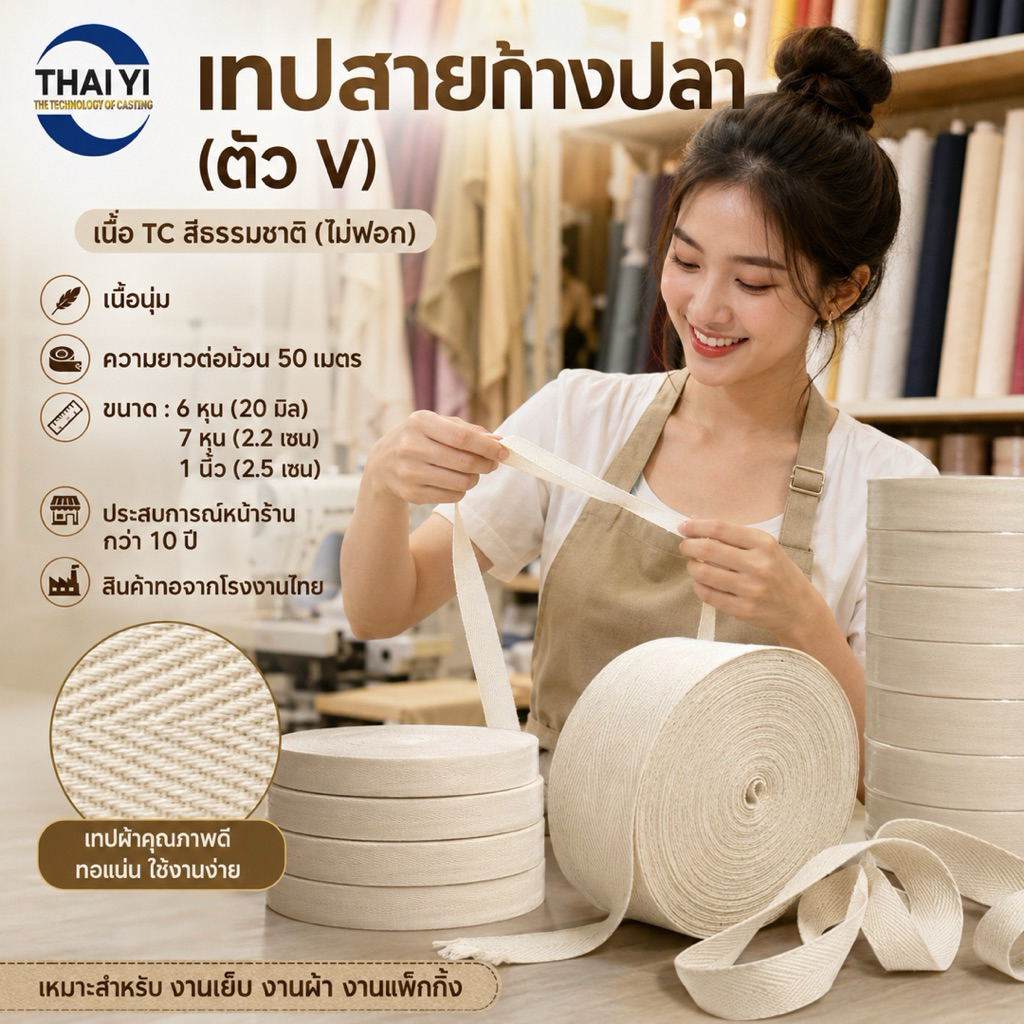 🔥พร้อมส่งด่วน🔥 เทปสายก้างปลา (ตัวV) เนื้อTC(ไม่ฟอก) 1 ม้วน/ยาว50 เมตร