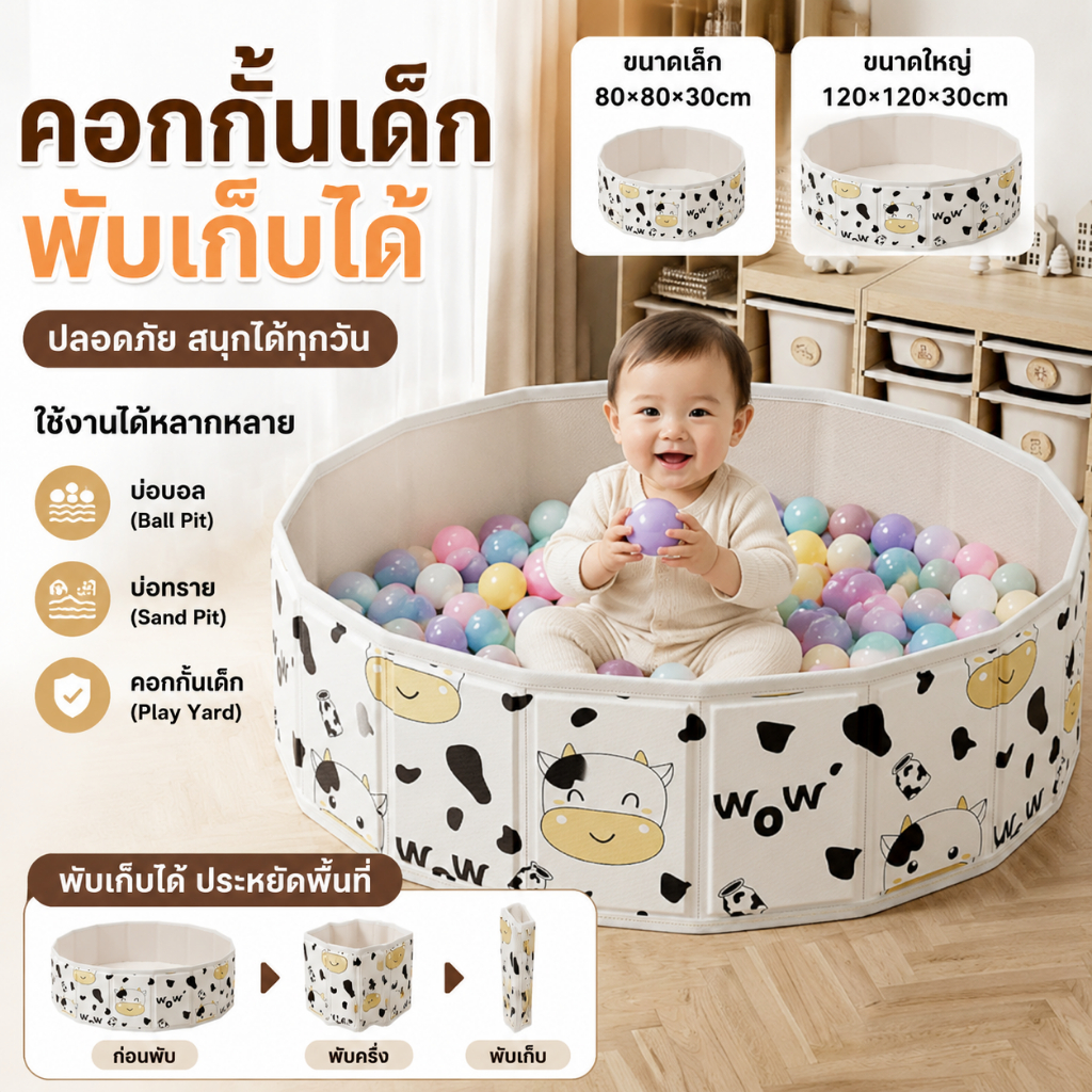 บ่อทรายเด็ก บ่อบอลพับได้ คอกกั้นเด็ก ผ้าทนทาน ปลอดภัย พกพาง่าย ของเล่นเด็กในบ้าน ลายการ์ตูน