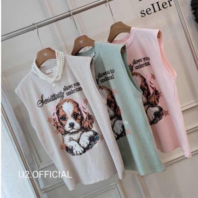 เสื้อยืดแขนกุดสกรีนแบบ lazer cut ผ้านุ่มๆใส่สบายๆ ทรงน่ารัก ใส่กำลังสวยค่ะ รอบนี้มาเป็นน้องหมาน้อย