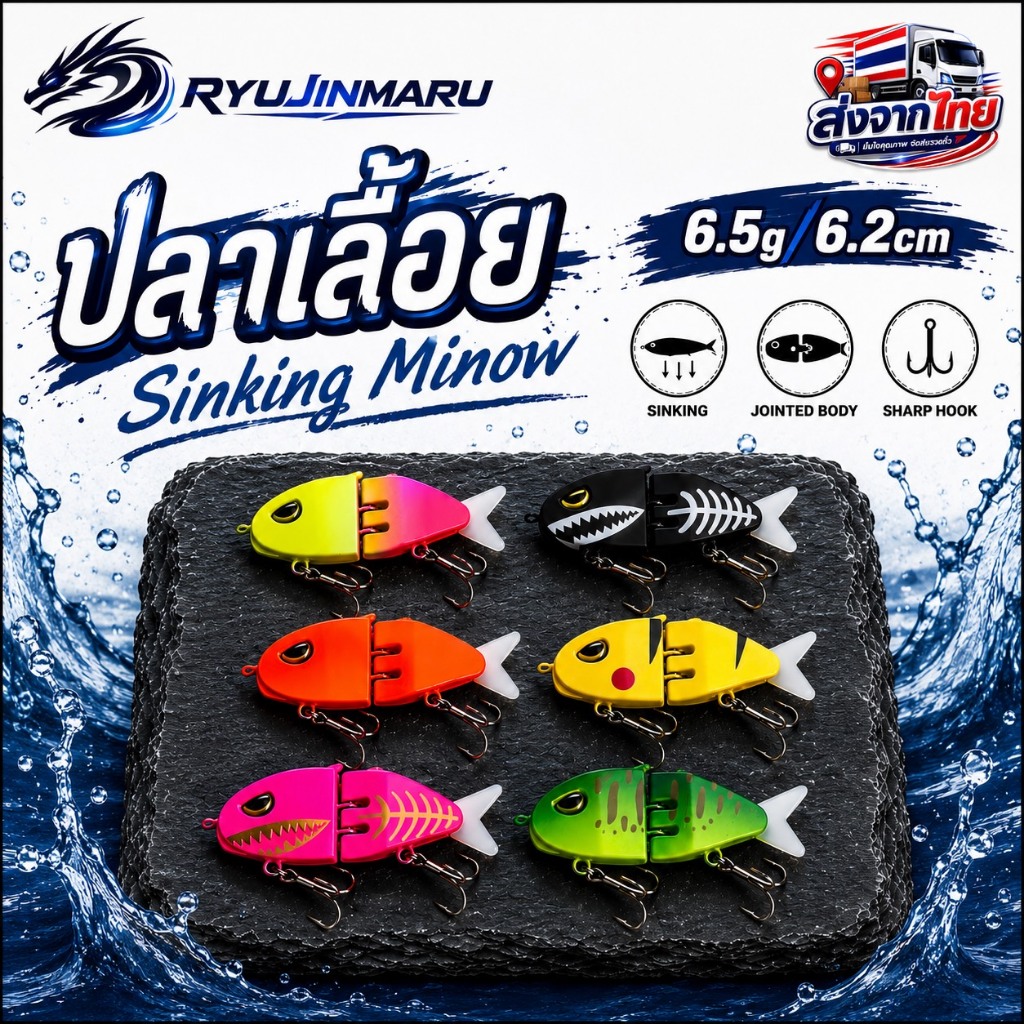 Ryujinmaru ปลาเลื้อย Sinking Minow เหยื่อ3D/2จังหวะ 6.5g/6cm เหยื่อปลอมตกปลา Fishing Lure Sinking Swimbait แอคชั่นสมจริง