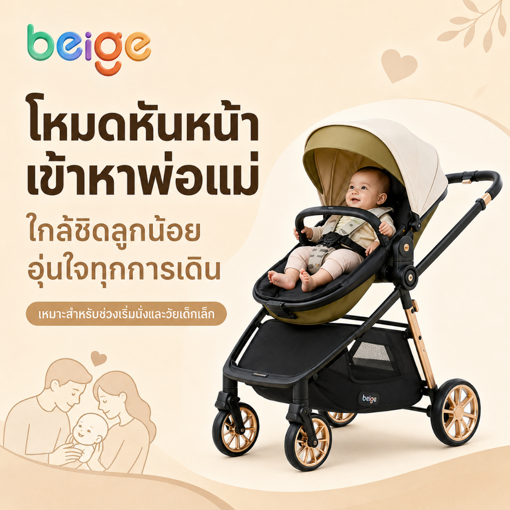 Beige รถเข็นเด็ก 3 in 1 Beige ใช้ได้ 0-6 ปี พับง่าย เบาะนอนราบ เข็นลื่น สำหรับเดินทางทุกวัน คุ้มค่า รูปที่ 3
